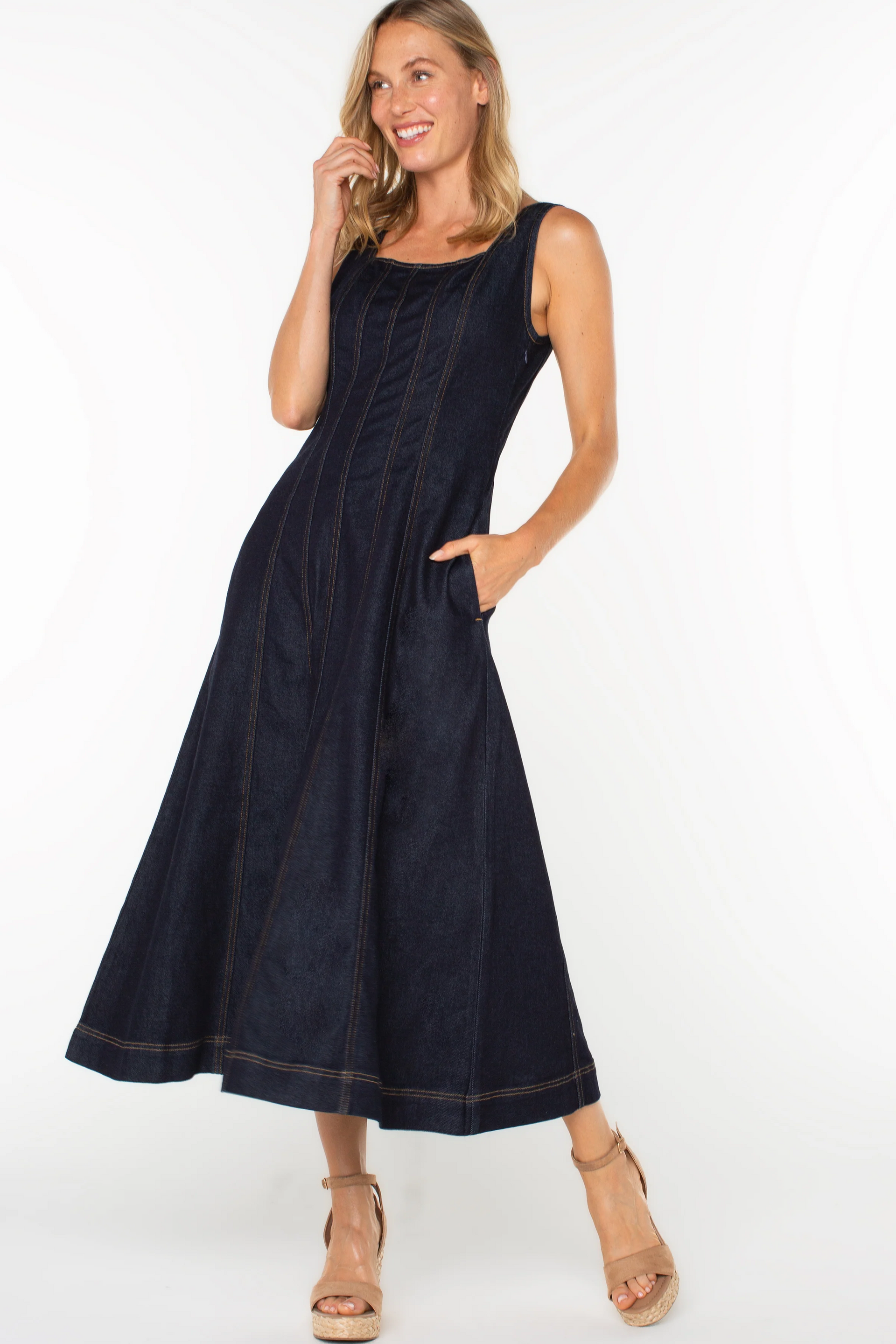Midi Dress with Smocked Back Blue / S Midi Dress with Smocked Back Blue / S